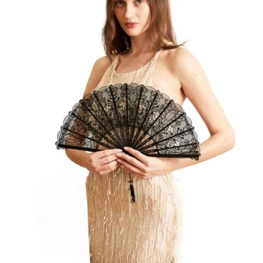 Lace Fan with Folding Handheld, Embroide Flowers Pattern Hand Fans for Wedding Bridal Tea Dancing Party