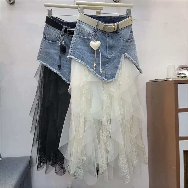 Gonna Lunga in Denim Patchwork con Rete - Nuova Collezione Estiva 2026 da Donna, Sottile, Chic, Elegante e Senza Sforzo, Modello a Trapezio Maxi