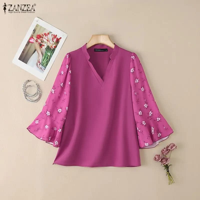 Spring 2026 Women's Elegant Shirts V Neckline Floral Printed 3/4 Top Wide Summer Casual and Day ZANZEA Ladies Clothing 3XL
