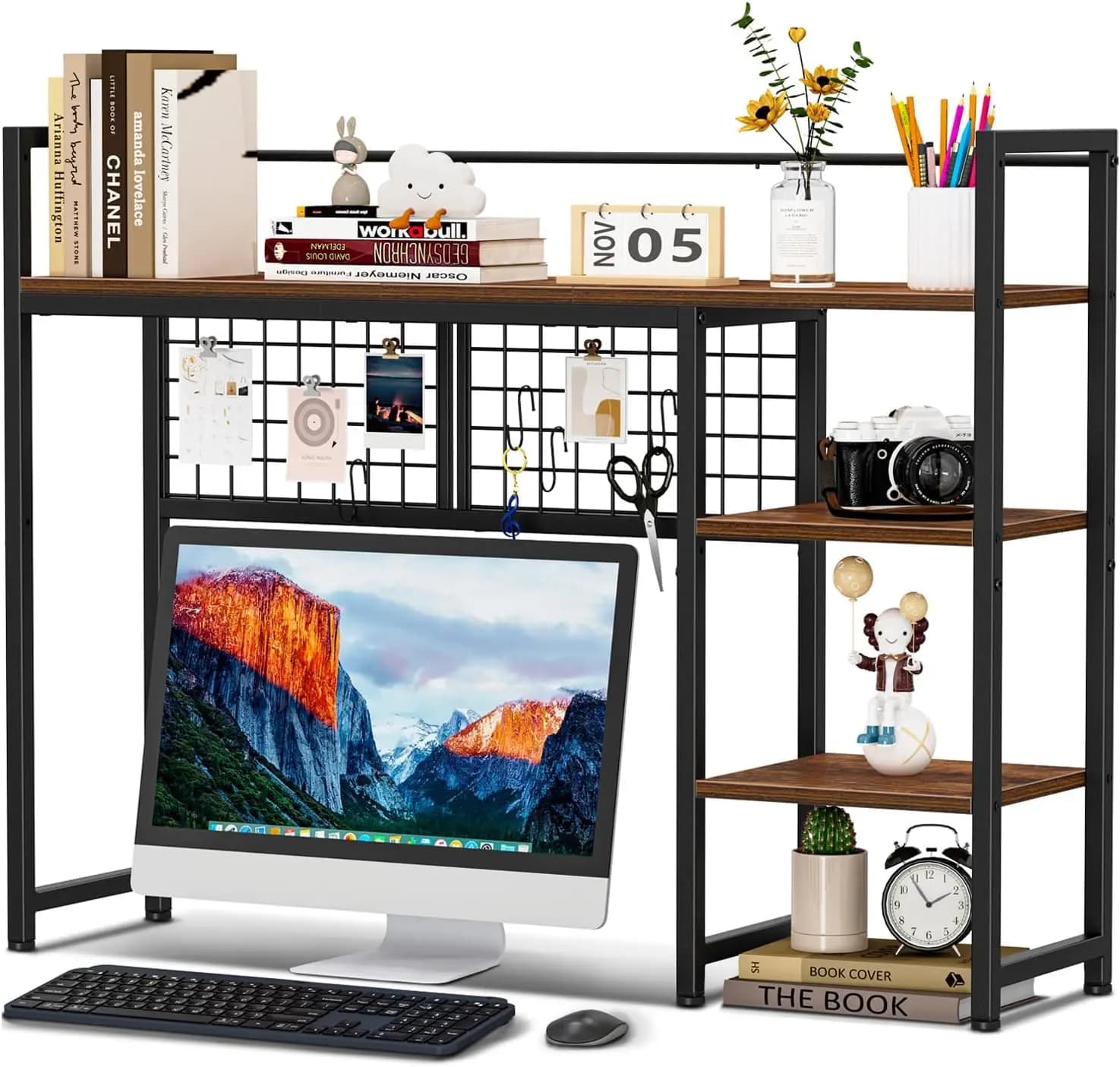Desk Organizer in Wood from 38.6 Inch with Hooks for Panel Forato, Scaffale 4 Levels for Monitor and Books, Storage Solution for Home, Office and Dormitory