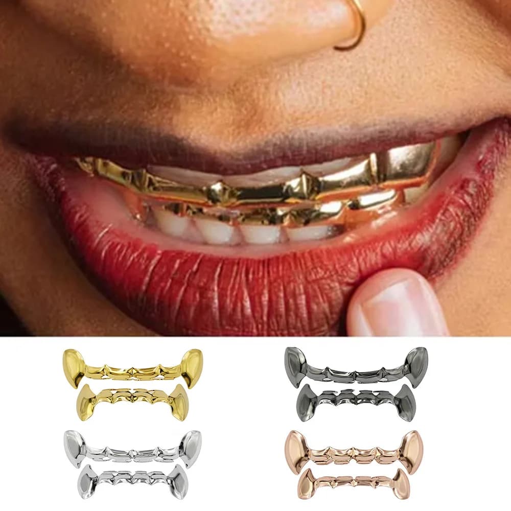 YOUNGX Hip Hop Zanne da vampiro Denti Grillz Cappucci per denti lucidi con fondo superiore per donna Uomo Gioielli Regalo cosplay di Halloween