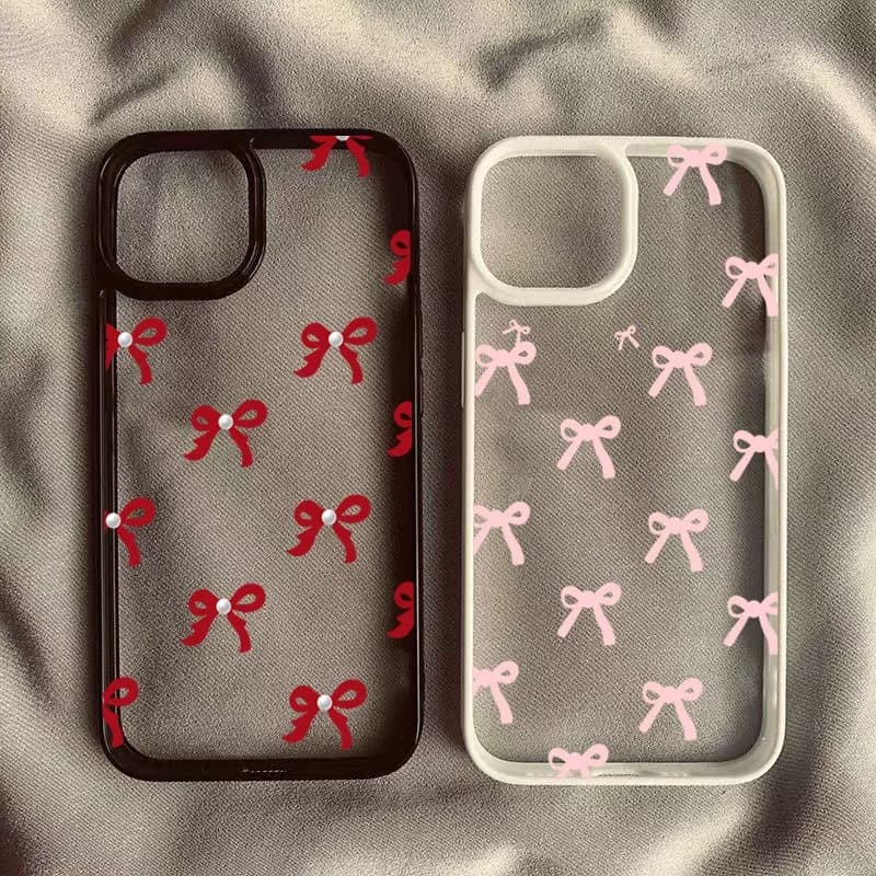 Transparent phone case with fashionable pink red bow for iPhone 15 16 17 Pro Max Plus 16E 14 13 12 11 Pro Max MINI 17 Air Cover Antique