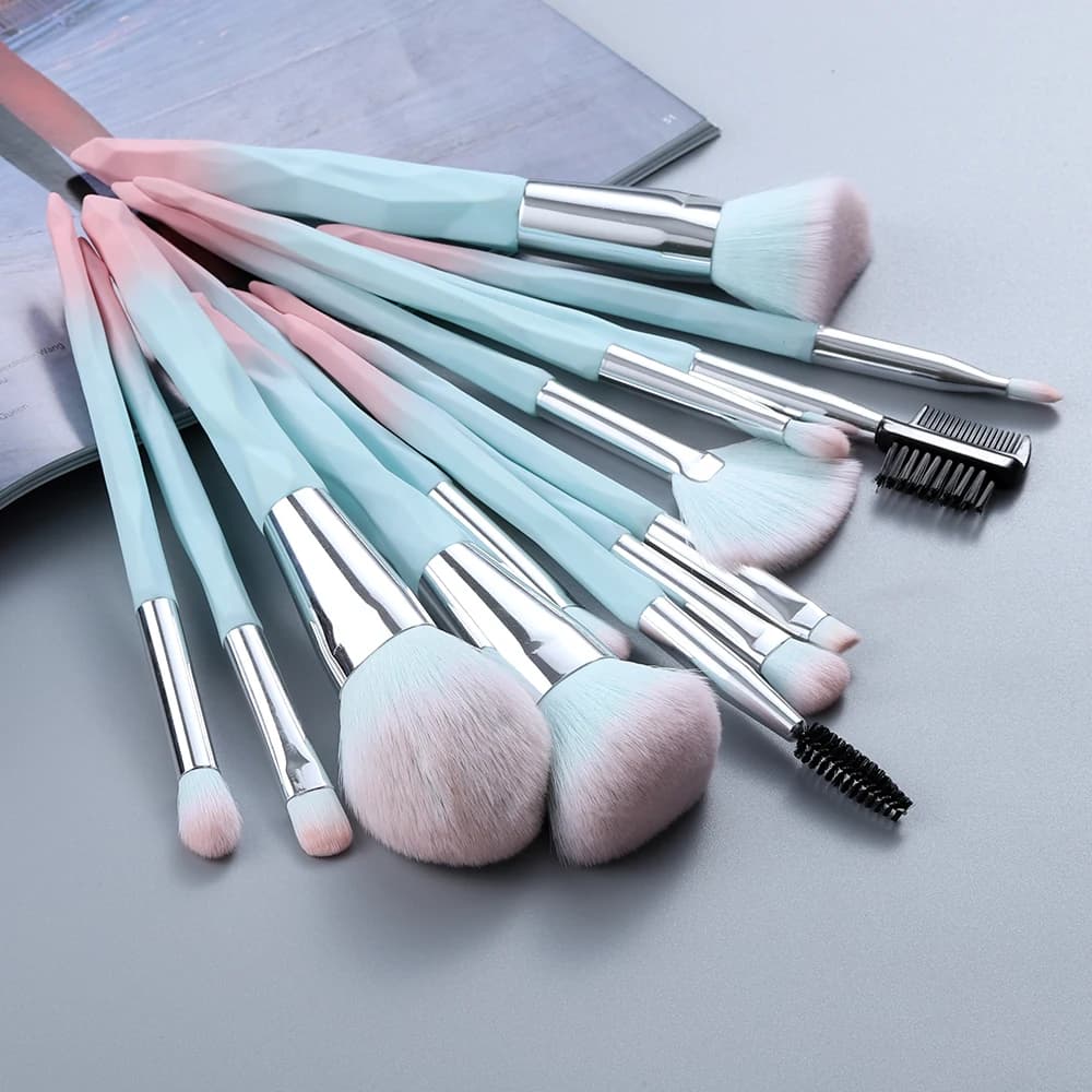 Set of blue makeup brushes face lips eye shadow comb for eyebrow eyelashes cobbles foundation brush powder cosmetic tools