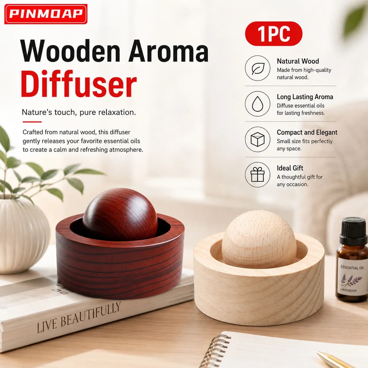 PINMOAP Natural Wood Aroma Diffuser Essential Oil Diffuser Ball Portable Air Freshener for Car Interior Bedroom Office Decor 1PC