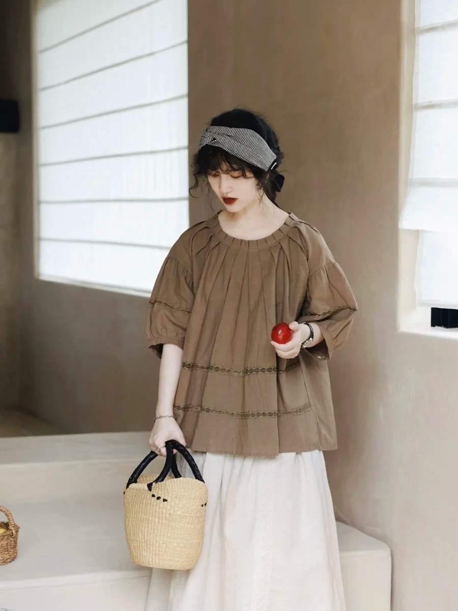 Sweet Style Women's Shirt Puffy Sleeves Pleated Doll Top Retro Floral Lace Hemline Loose Fit Linen Cotton Blend Casual Shirt
