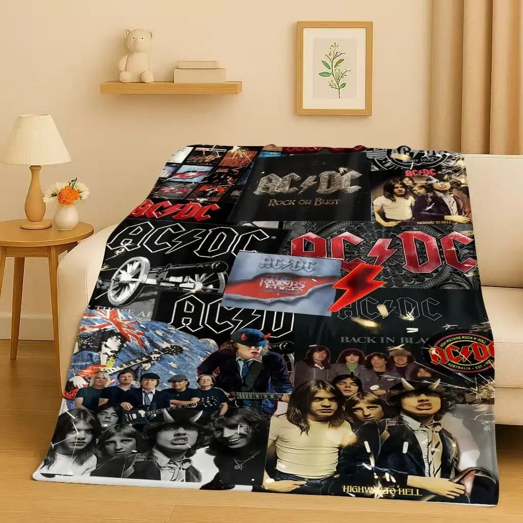 New A-ACDC Rock Band Brian Music Catoon Flannel Blanket,Ultra Soft Warm Plush Throw for Home Bedroom Bed Sofa Cover Kids Picnic