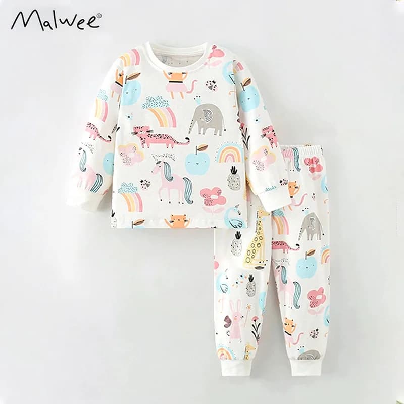 Malwee solid color animal cartoon pattern cotton long sleeve childrens sets pure cute versatile Y2K slim comfortable daby pajama