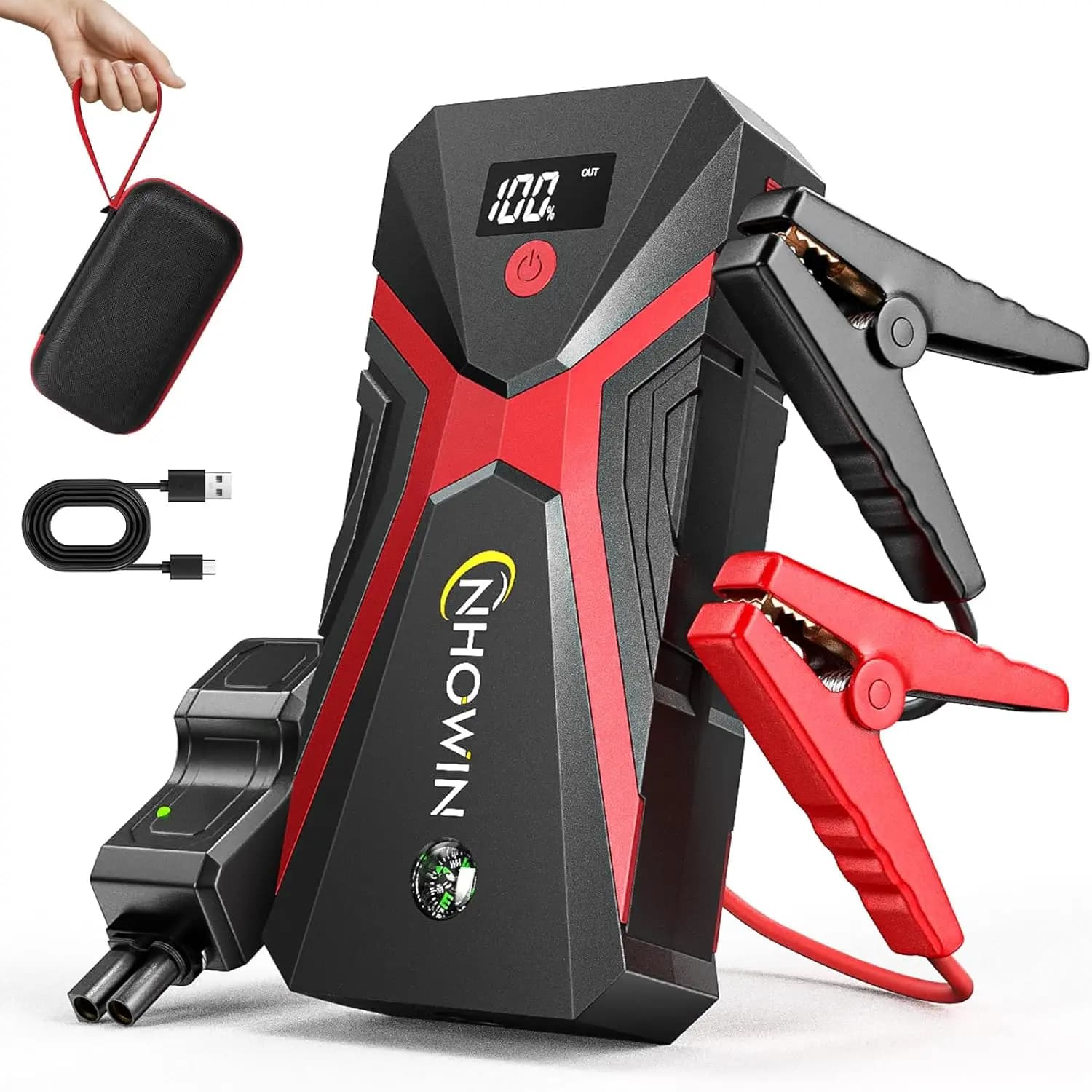 Avviatore di Emergenza Portatile 4000A per Auto fino a 7.5L Benzina e 5.0L Diesel, con Cavi Intelligenti e Torcia LED