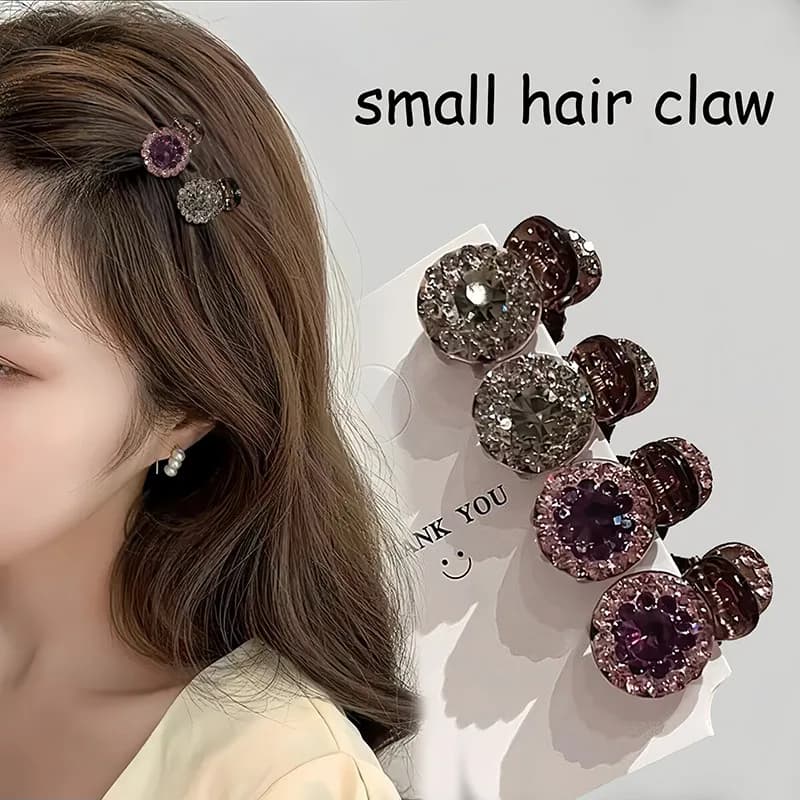 Luxury Full Rhinestone Hair Claw Girl Ins Style Mini Size Round Shark Clip For Thin Hair Side Bang Decor Daily Use Headdress