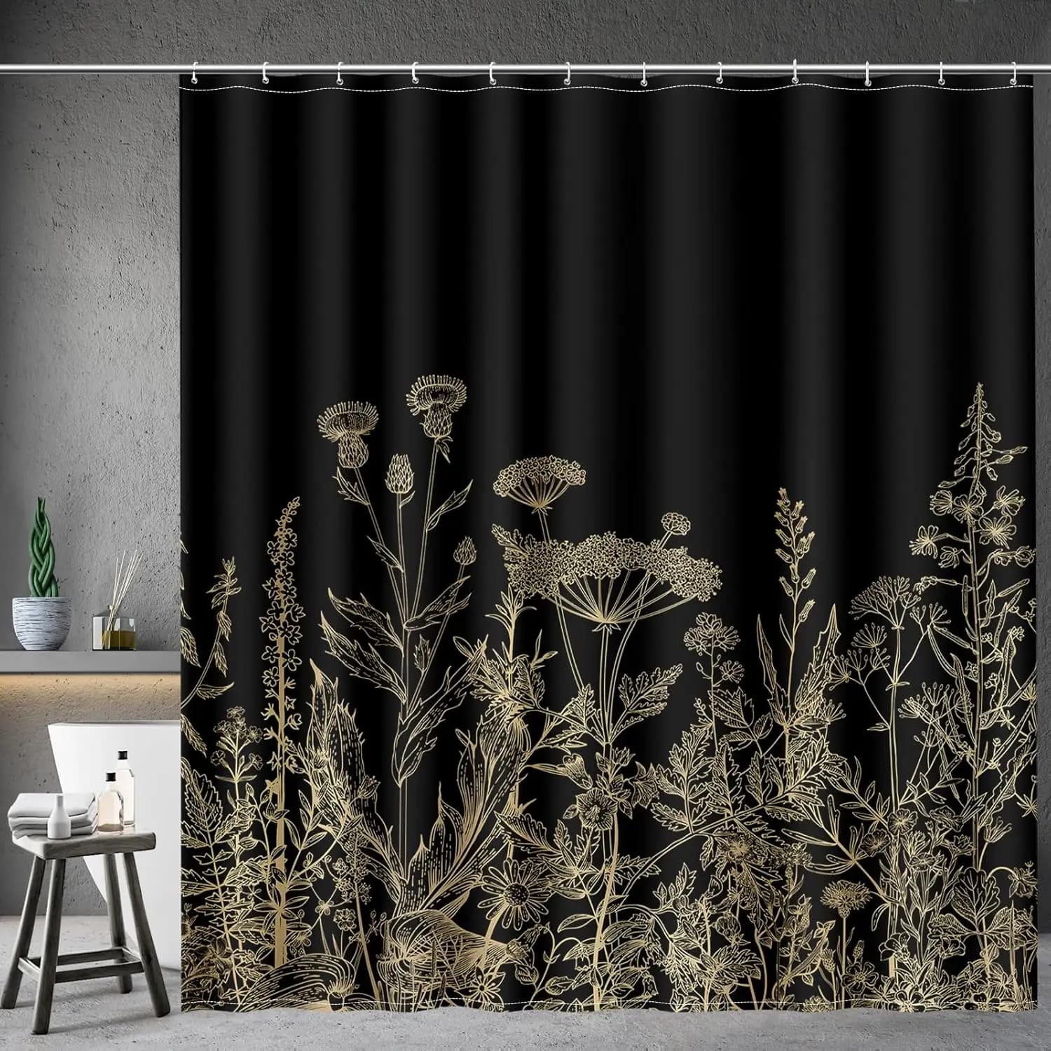 Aimego Tenda da doccia floreale primaverile - Foglie di piante nere e dorate Fiore di campo Natura Fiore botanico Tessuto Panno Bagno Doccia Cur
