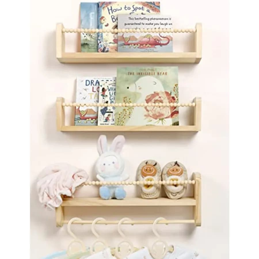 Nursery Floating Shelves for Wall, Set of 3 Book Shelves Natural Wood Wall Mounted Organizer with Towel Bar Hanging Bookshelves
