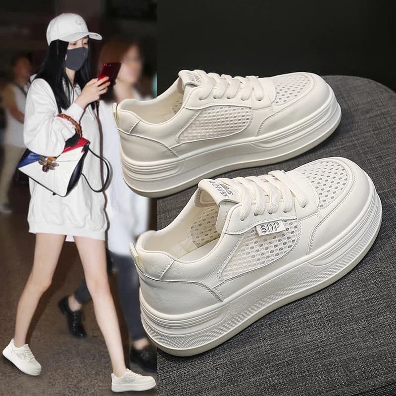 Sneakers Bianche Traspiranti in Mesh Unisex con Suola Spessa, Leggere, Antiscivolo, Resistenti all'Usura, per Uso Quotidiano, Outdoor, Casual, Comode per Camminare
