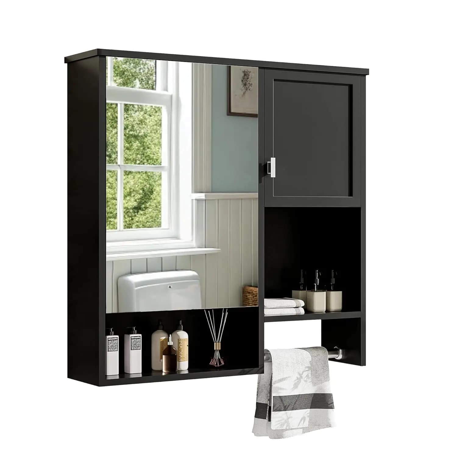 Armadietto da bagno a parete con specchio, ripiano aperto e portasciugamani, 29,5 L x 28,7 A, per installazione sopra il WC, personalizzabile