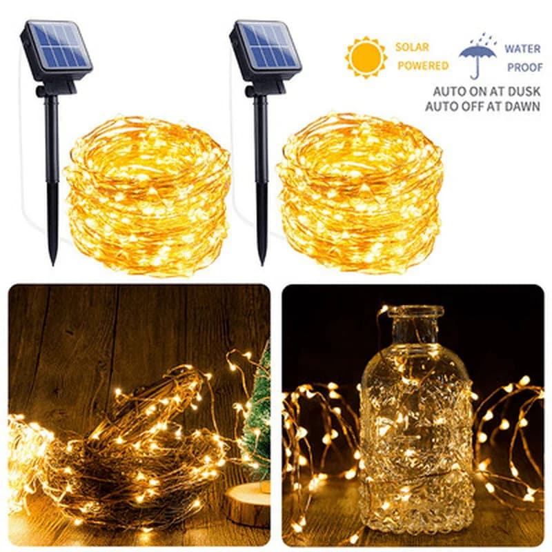 Luci Solari a Stringa LED in Rame, Luci Natalizie da Esterno per Giardino, Luci Fatate per Matrimoni, Lampada Decorativa 12M/30M
