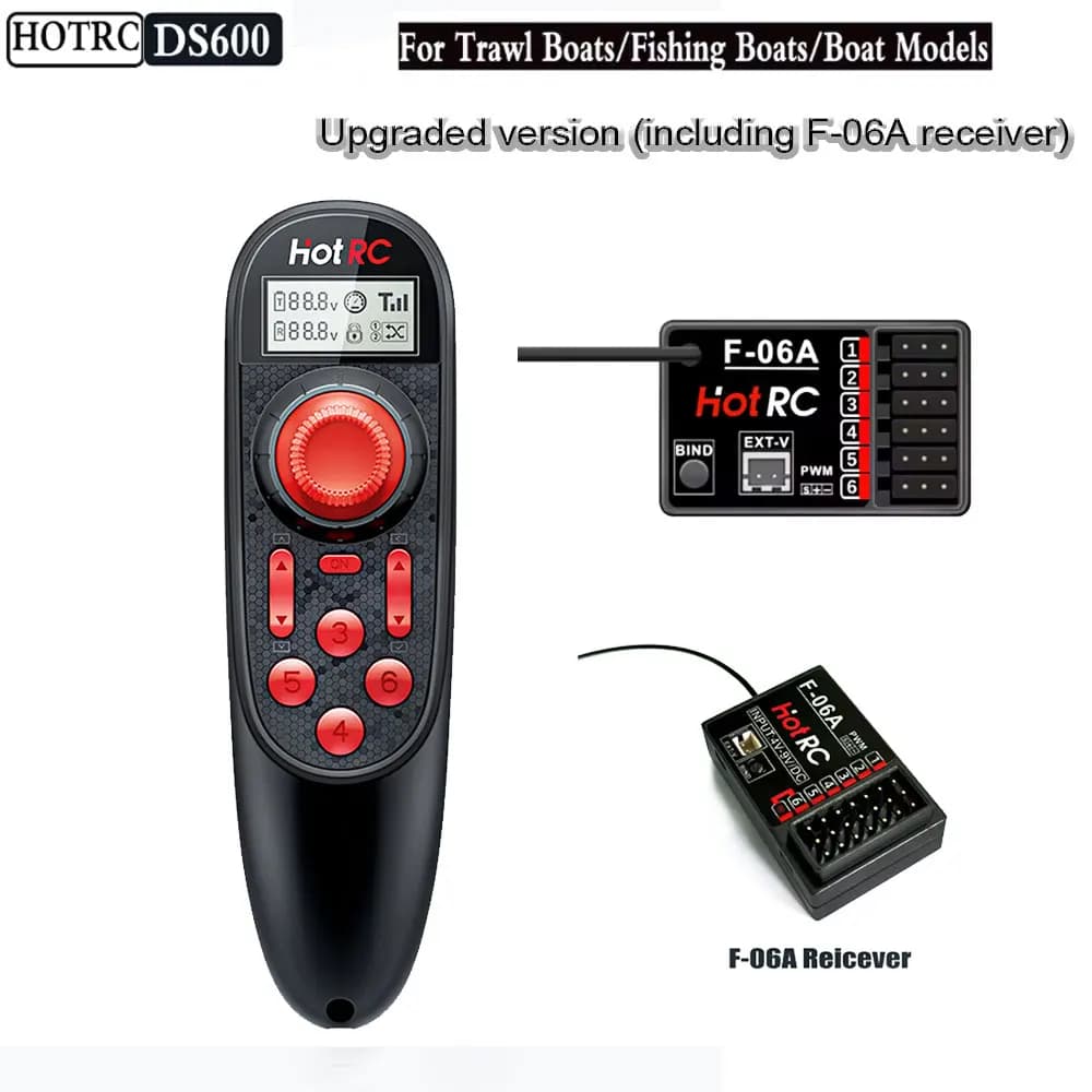HOTRC DS600 Wireless Remote Control Upgrade System With F-06A Receiver 2.4GHz6CH Radio Transmitter ForRC Fishing Bait Boat Model