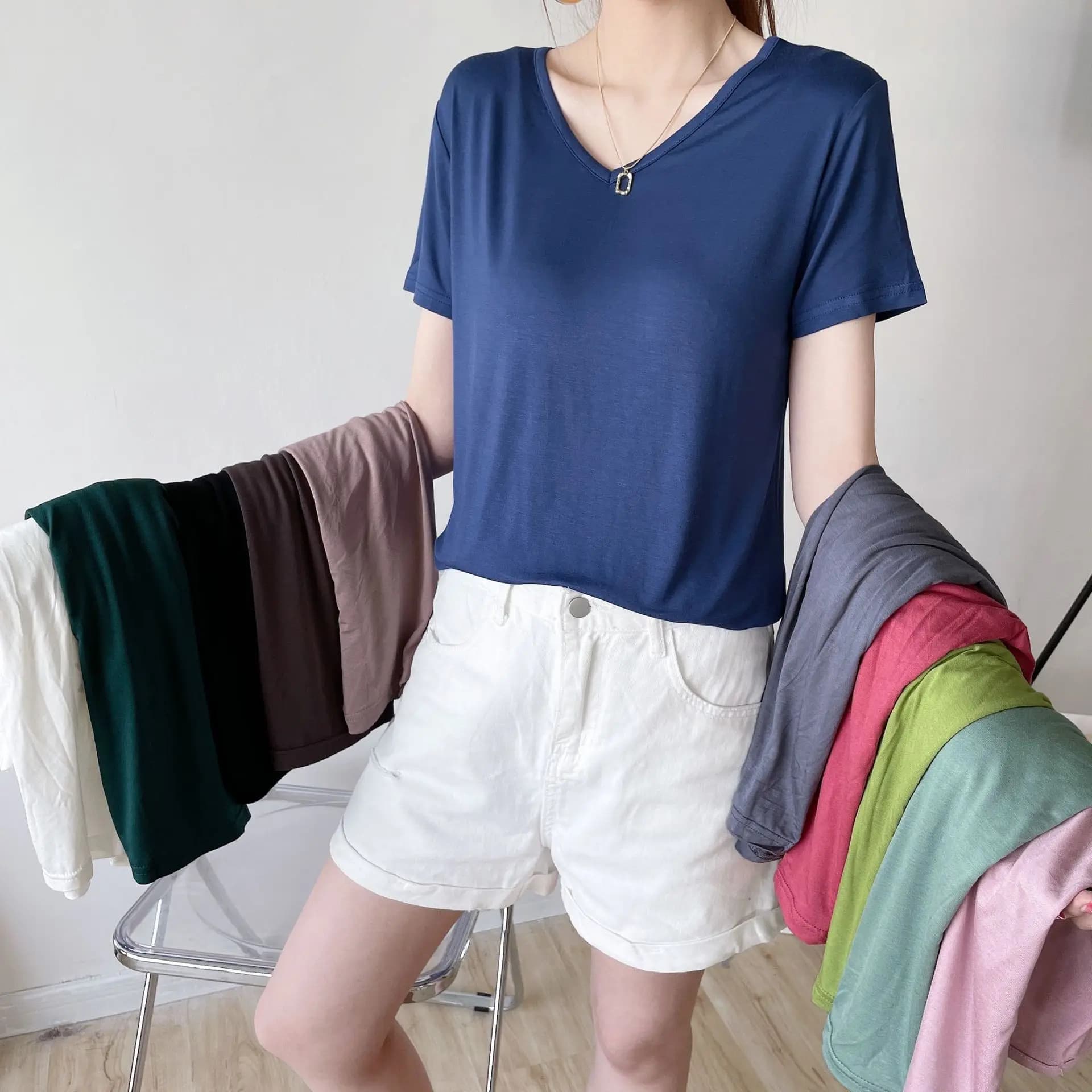 Maglietta estiva con scollo a v magliette eleganti magliette Casual con fondo allentato tinta unita Top alla moda tutto abbinato
