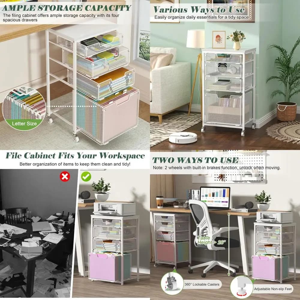 Carrello con Ruote, Armadietto Mobile per Ufficio Domestico, Organizzatore per Documenti Sospesi, Contenitore Sotto Scrivania, Utensile Multifunzionale