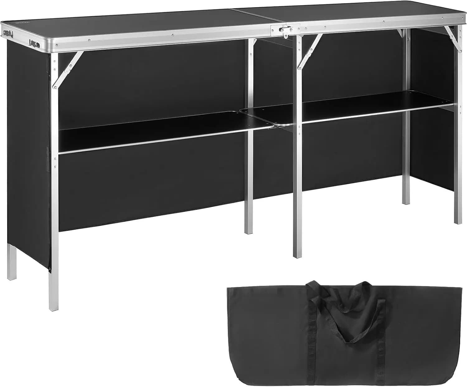Tavolo da bar portatile pieghevole extra lungo per esposizione di picnic per feste all'aperto al coperto con custodia per il trasporto, ripiano, gonna nera