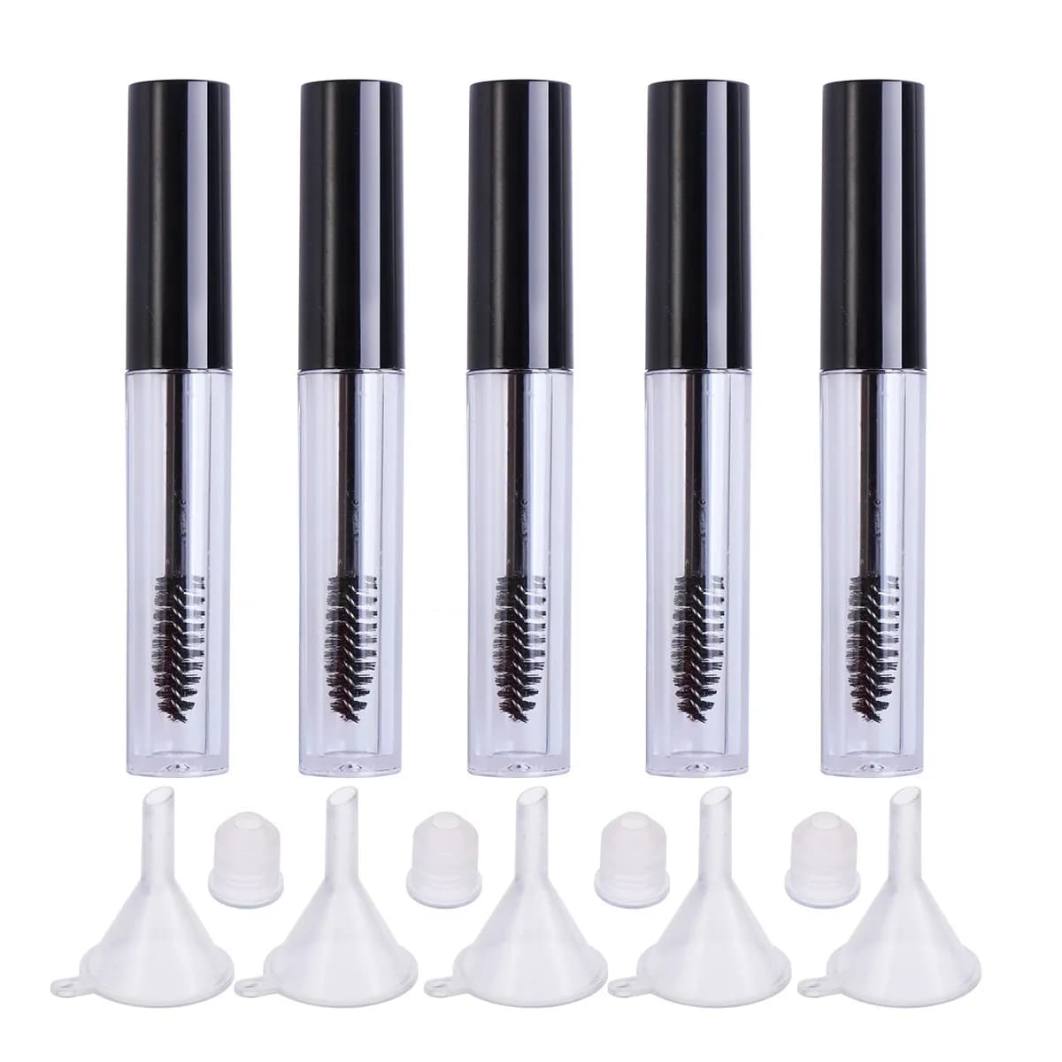 Set of 5 Empty 3.5 ml Eyelashes with Black Carpet, Transparent Body, Funnel and Container for Mascara, for Eyelash Cream and Travel