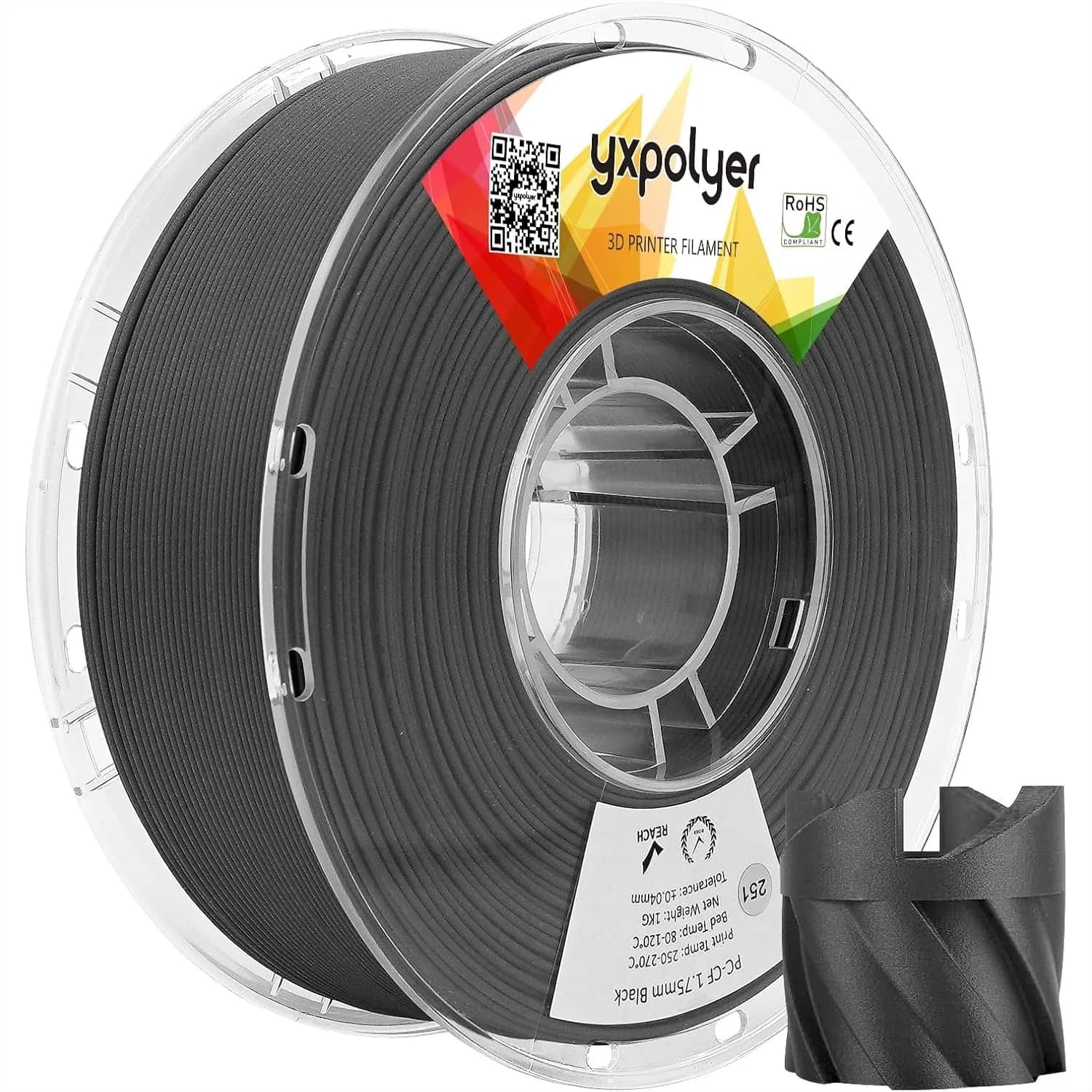 Filamento PC-CF 1.75mm, Filamento per Stampante 3D in Policarbonato con Fibra di Carbonio, Bobina da 1kg, Grado Ingegneristico con 15% CF, Alta Resistenza al Calore