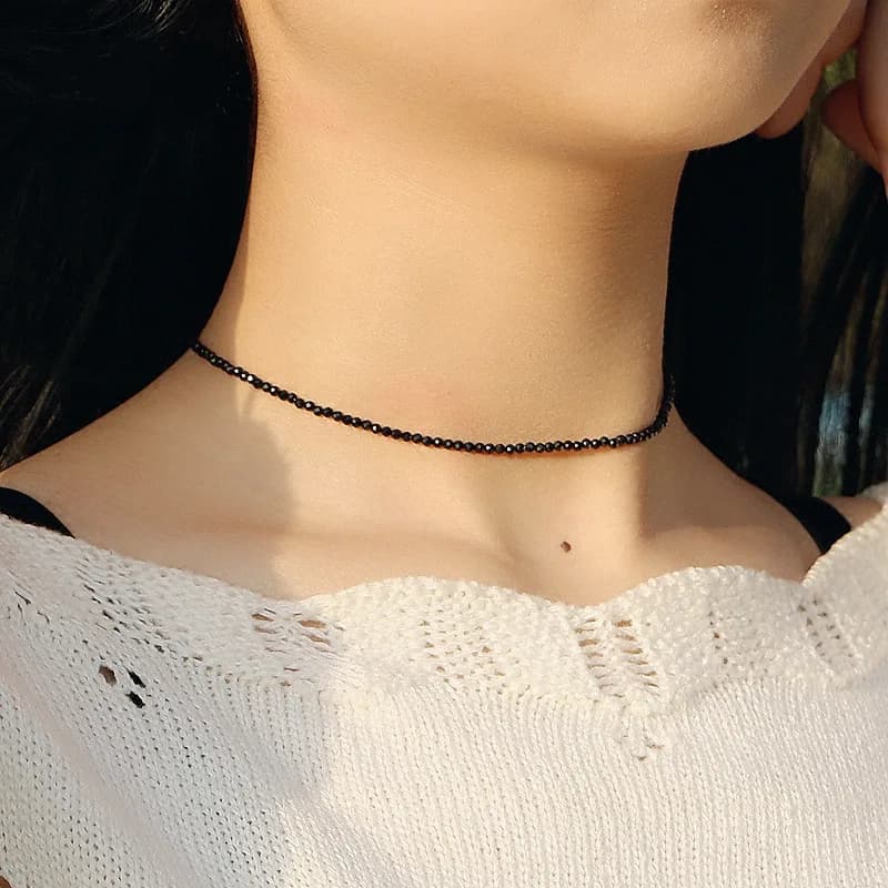 Women's Short Necklace with Fashion Brand Black Beads, Women's Party Jewelry Crewneck