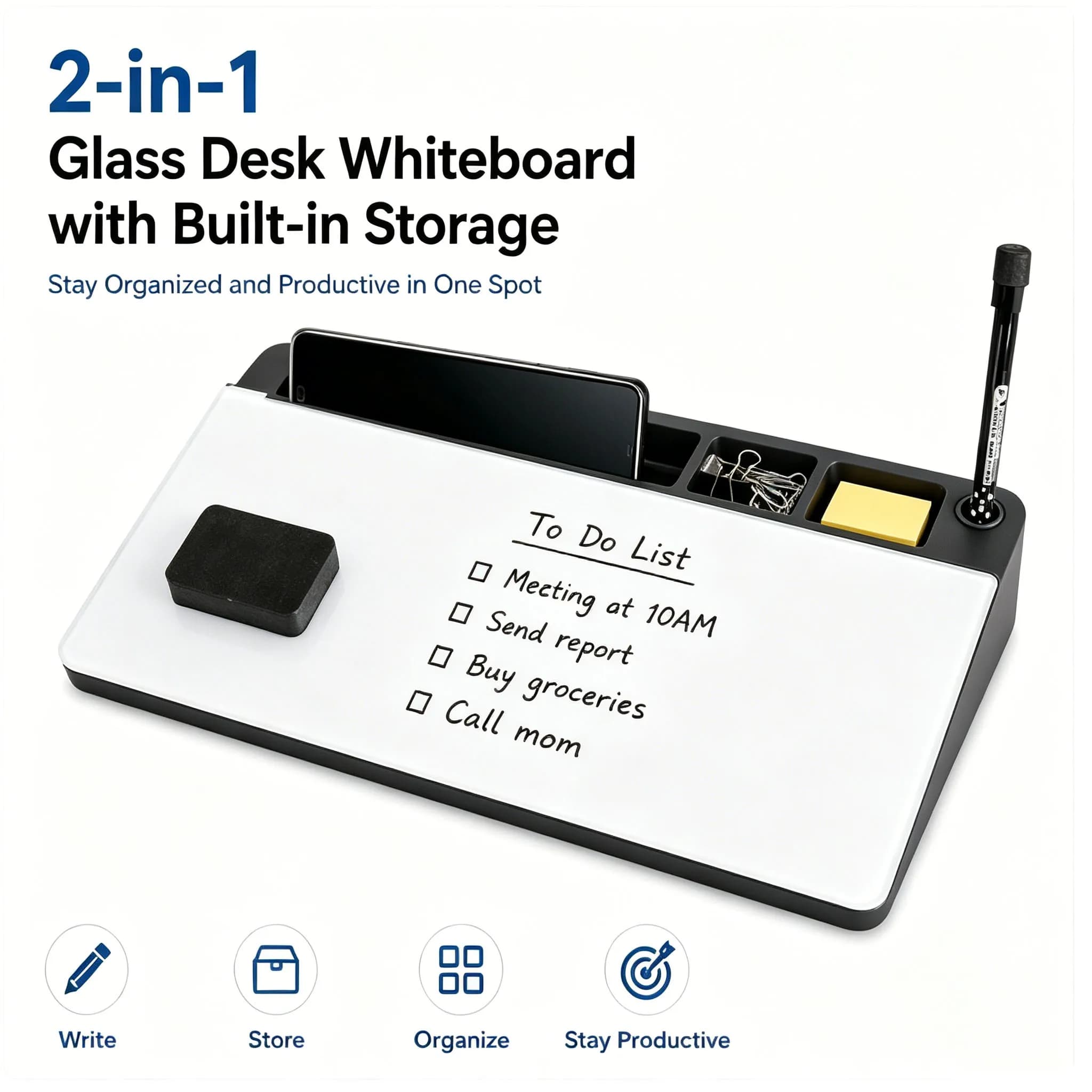 2-in-1 Sleek Compact Glass Desk Whiteboard with Built-in Storage Modern Tempered Desktop Organizer Keyboard Holder Efficient