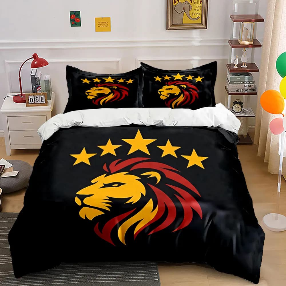 Set di Biancheria da Letto con Stemma di Leone, 3 Pezzi, Copripiumino con Stampa Testa di Leone a Cinque Stelle + 2 Federe, Decorazione Regale