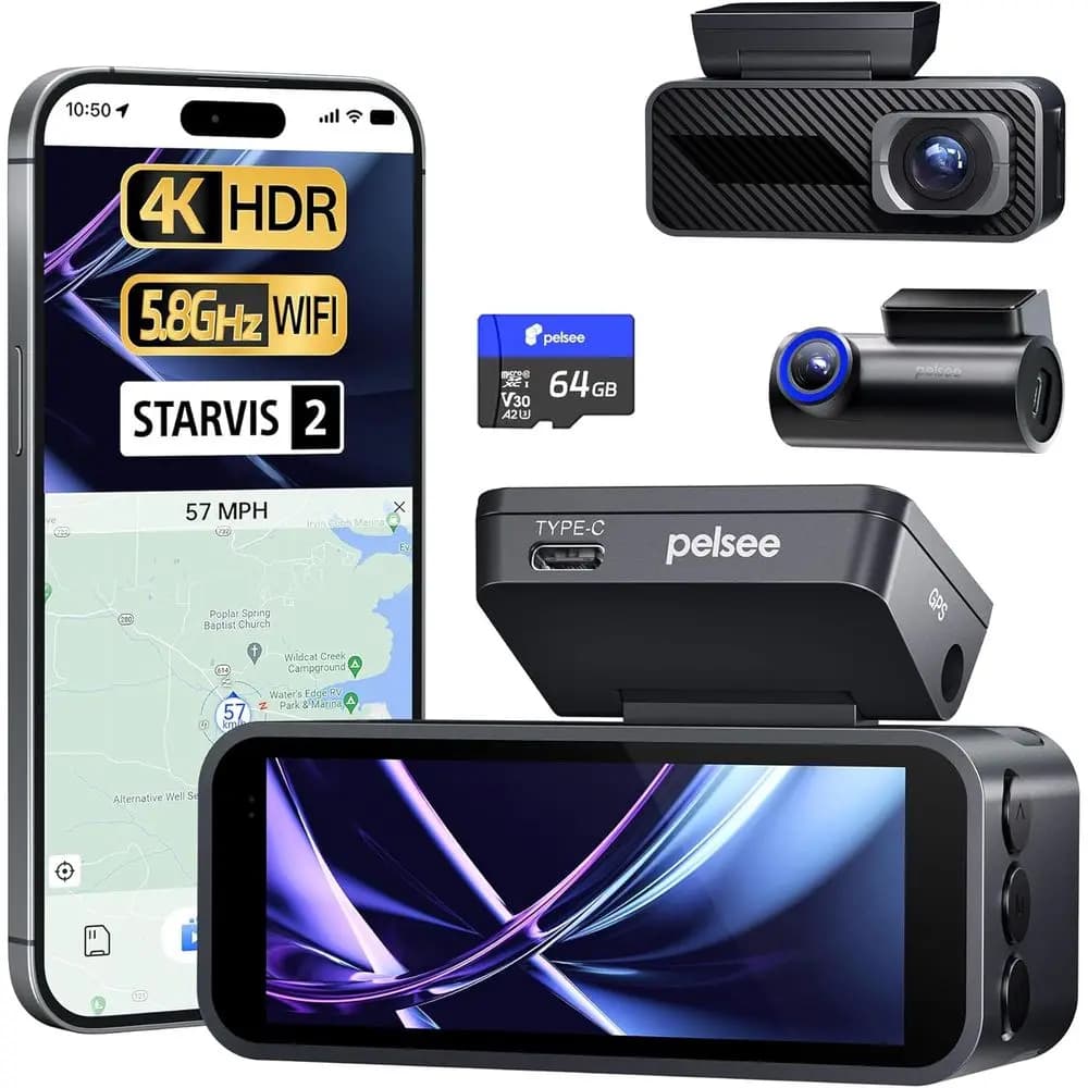 Dash Cam Dual 4K con Sensore STARVIS, Scheda 64GB, Visione Notturna, HDR, GPS, WiFi e Controllo Vocale, Monitoraggio Parcheggio 24H, Schermo da 3.39 Pollici