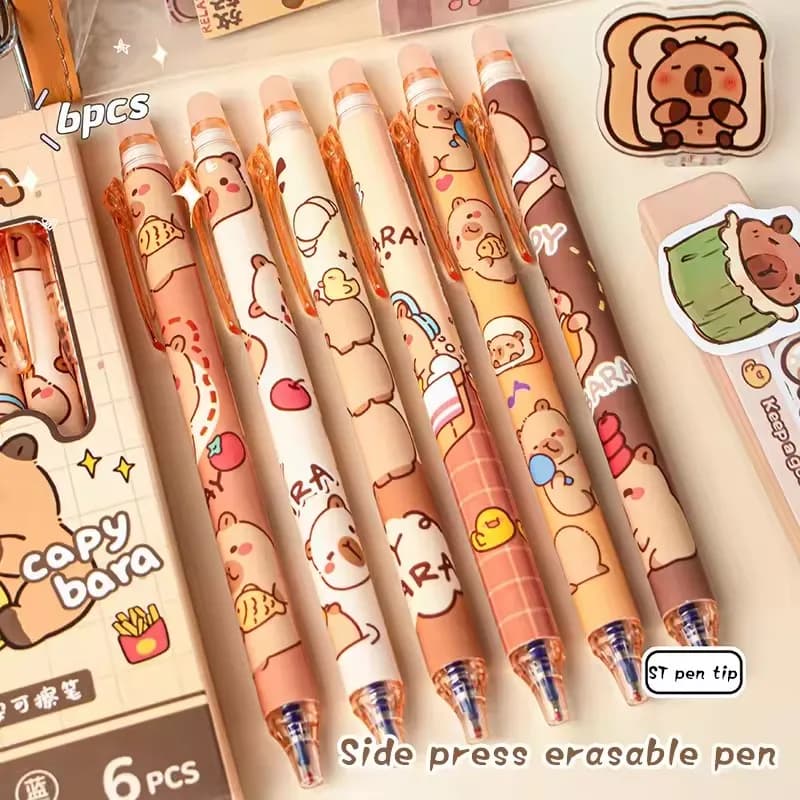 Set di 6 Penne Gel a Forma di Capibara, Asciugatura Rapida, Blu Cancellabili, per Ufficio e Scuola, Cancelleria Kawaii