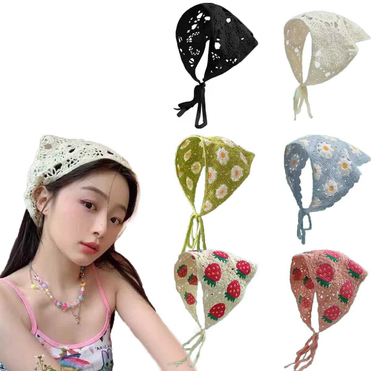 Korean Floral Lace Bandanas Headband Girls Breathable Hollow Out Hair Scarf For Women Handmade Knitted Headscarf Hat Accessories