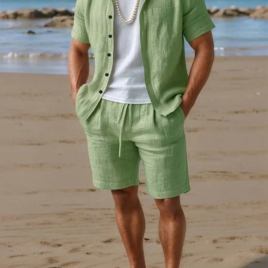 [Quick Dry, Men's Casual Set] Quick Dry Men's Casual Summer Woven Short Sleeve T-Shirt & Shorts Set | Solid Color Drawstring