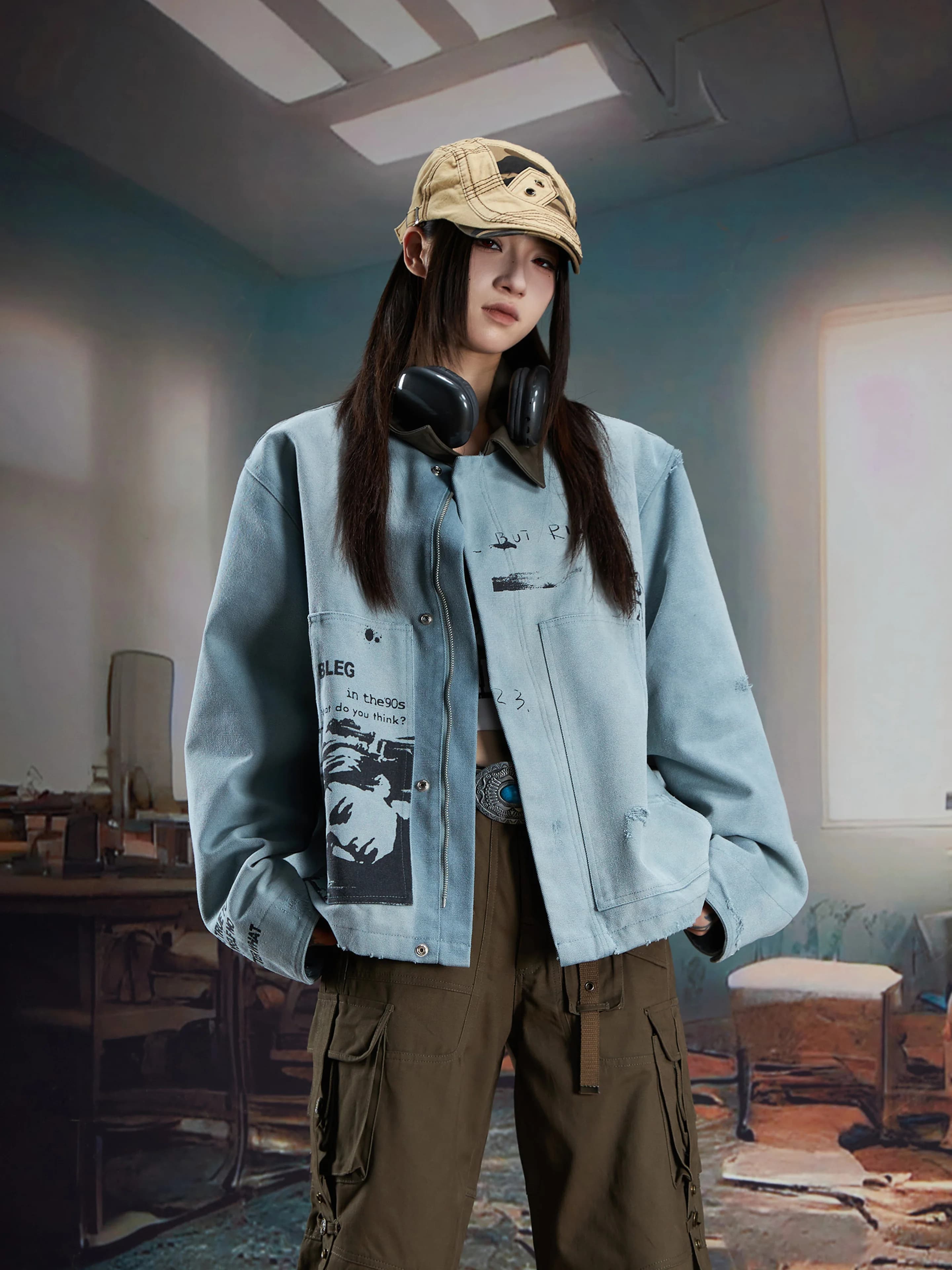 Personalized Retro Duplex Printing Lapel Leather Collar Zipper Jacket Men and Women Fashion