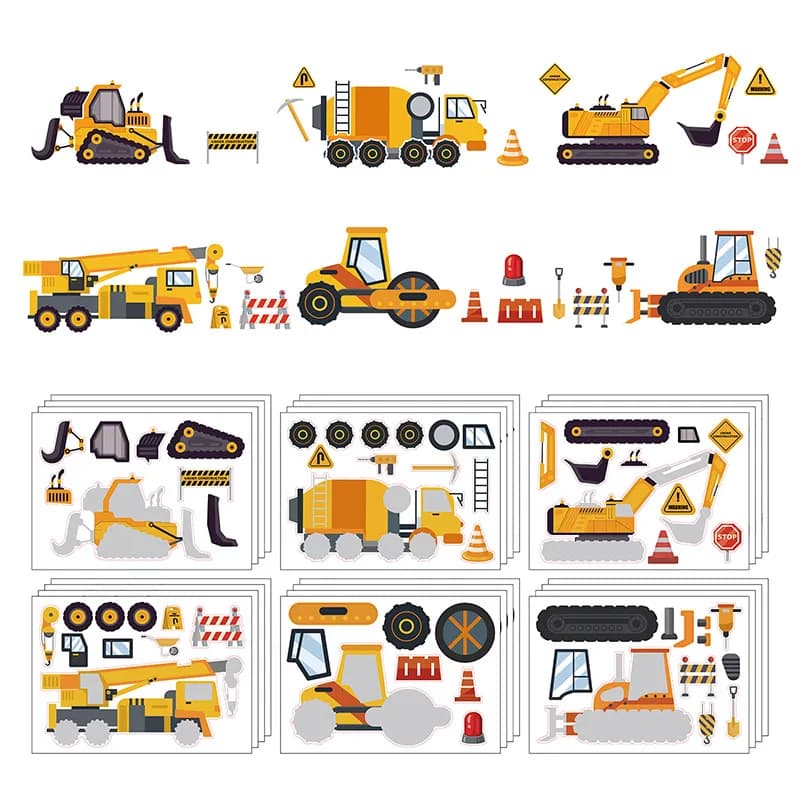 6/12 fogli bambini fai da te veicolo da costruzione Puzzle Sticker crea i tuoi adesivi per camion assemblare Jigsaw Party Favors For Boys Girls