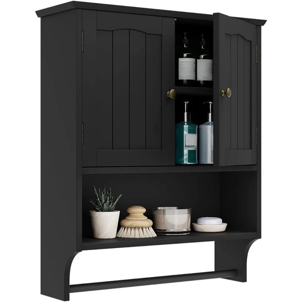 Armadietto da Parete Nero con Portasciugamani, Ripiani Regolabili, Mobiletto Sopra il WC per Bagno, Lavanderia, Cucina