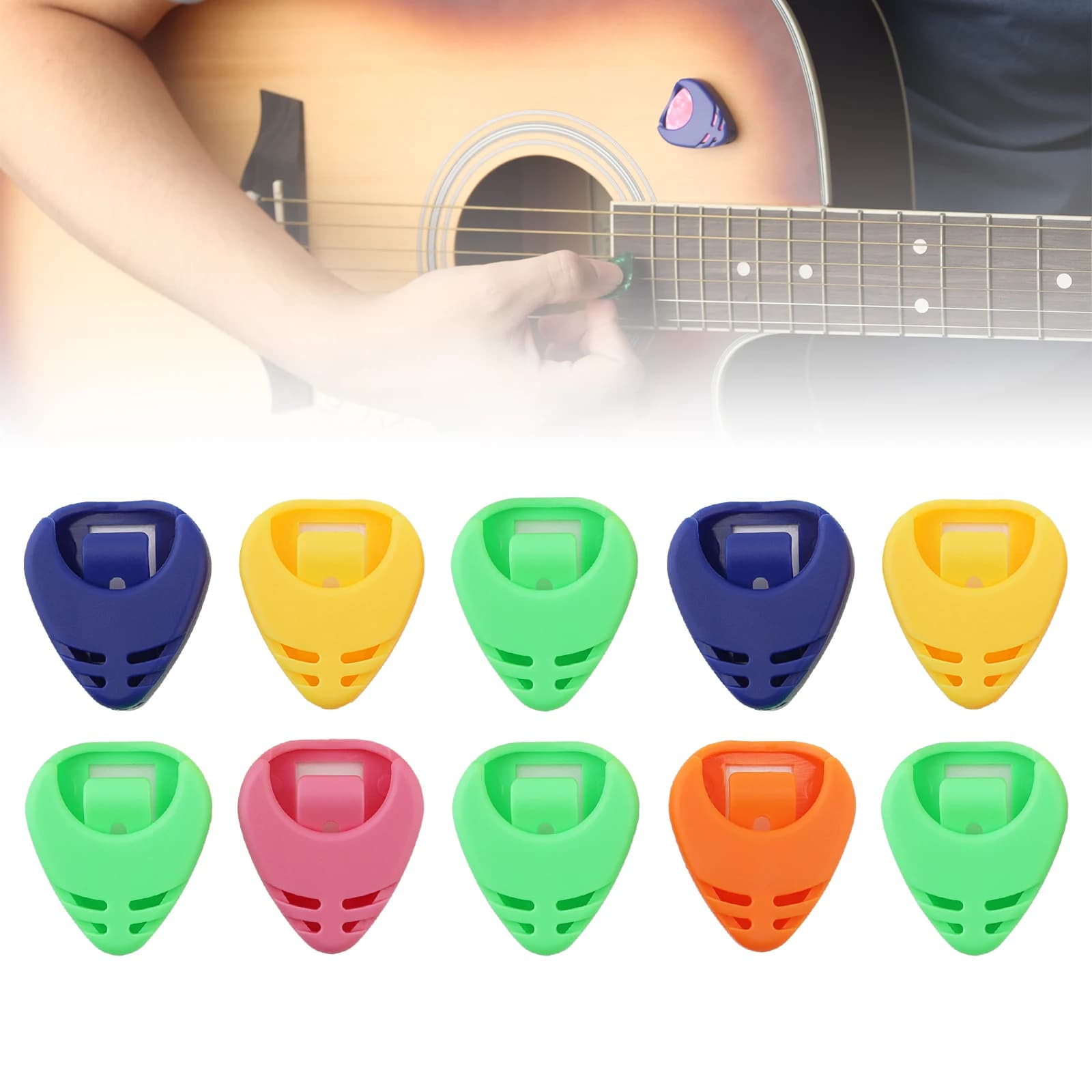 10 pezzi di plastica colorata sul supporto per plettro per chitarra acustica/basso/ukulele con retro adesivo, posizionamento dei plettri