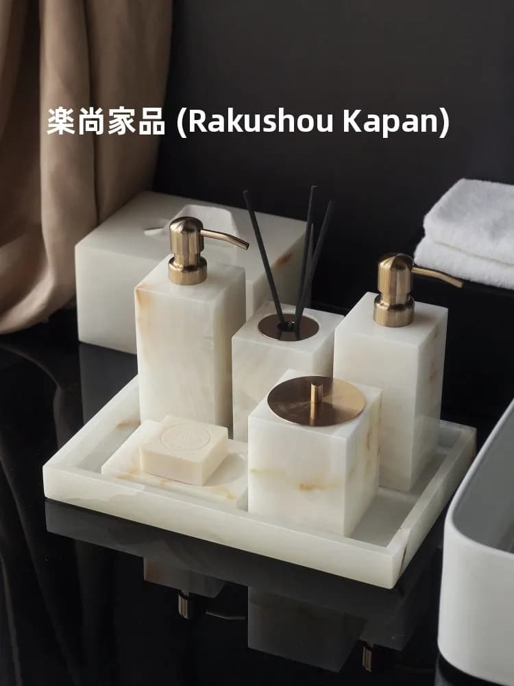 Set di Accessori Bagno in Marmo Bianco: Porta Carta Igienica, Dispenser Sapone Liquido, Porta Spazzolino, Lavabo