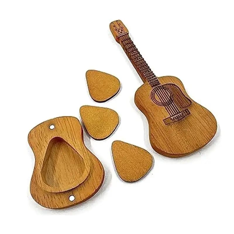 AA90-Wooden Guitar Pick Box Wooden Acoustic Guitar Pick Box Handmade Yellow Wood Plectrum Holder Storage Case