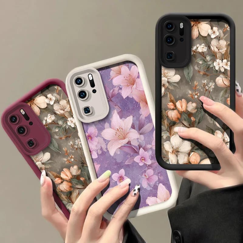 Silicone phone cover with floral pattern for Huawei P50 Pro P40 Lite 5G P30 P20 Y7A Y9S P Smart Pro Y9 Prime 2019, shockproof and opaque