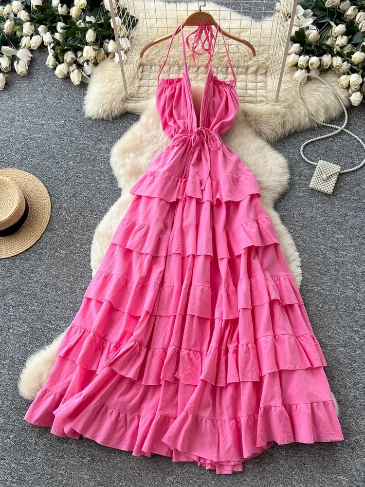 Summer Vacation Style Pink V-Neck Hanging Neck Dress Women's Waist-Cinching Slimming Layered Lace Skirt A-Line Long Dress