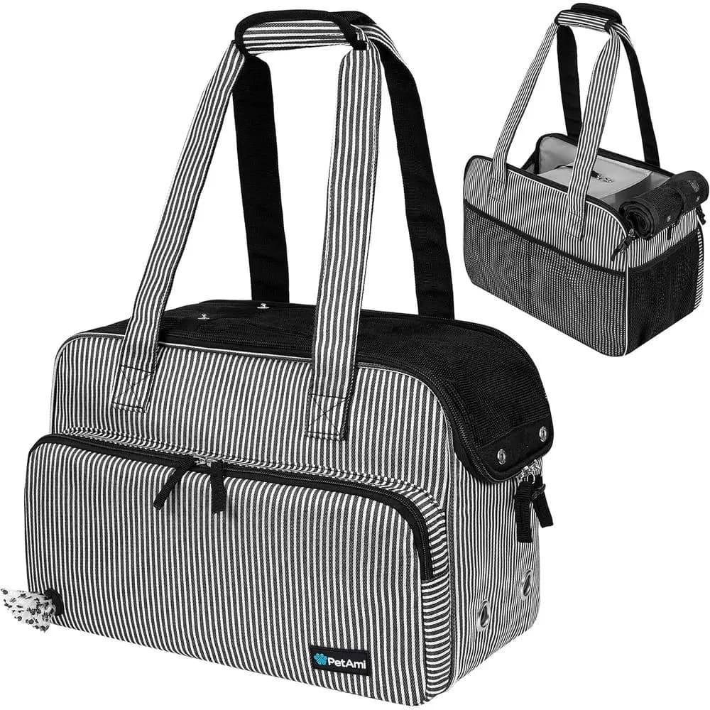 Borsa da trasporto per animali domestici in rete traspirante con tasche laterali, approvata per il trasporto aereo, per cani e gatti fino a 8 kg, nero a righe