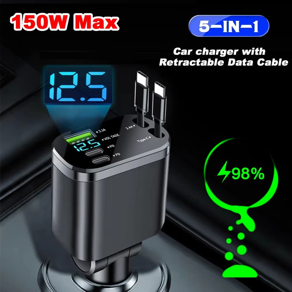 USB Retractable Cable Type C PD for Car Charger 5 IN 1 for iPhone Samsung Quick Charging Adapter for Cigarette Lighter