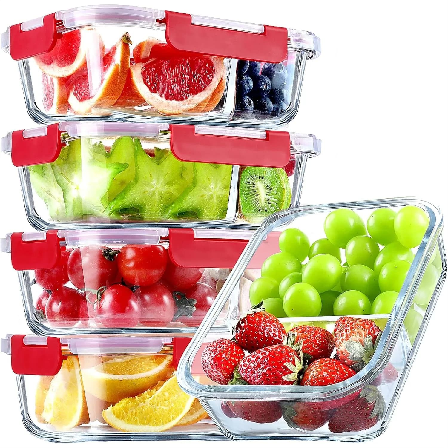 Contenitori in Vetro per Preparazione Pasti, Set da 5 con 2 Scomparti, 36oz, Ermetici con Coperchi per Microonde, Forno, Congelatore e Lavastoviglie