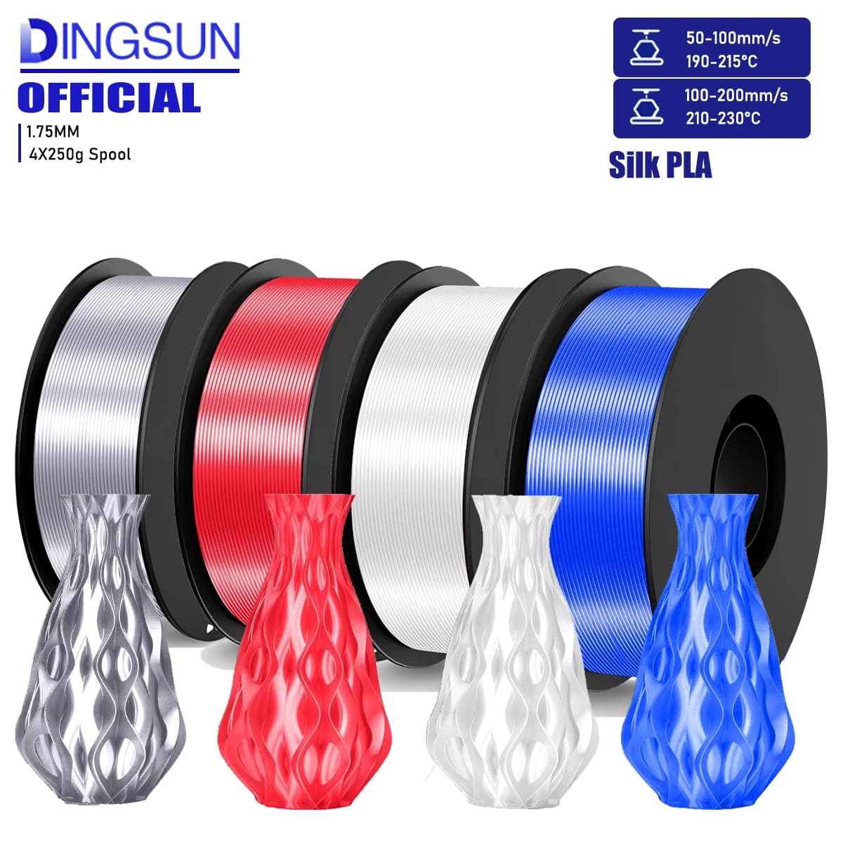 Silk PLA filament band from 1.75 mm, individually packed (red/white/blue/silver) 250 g/500 g/1000 g 1 palette