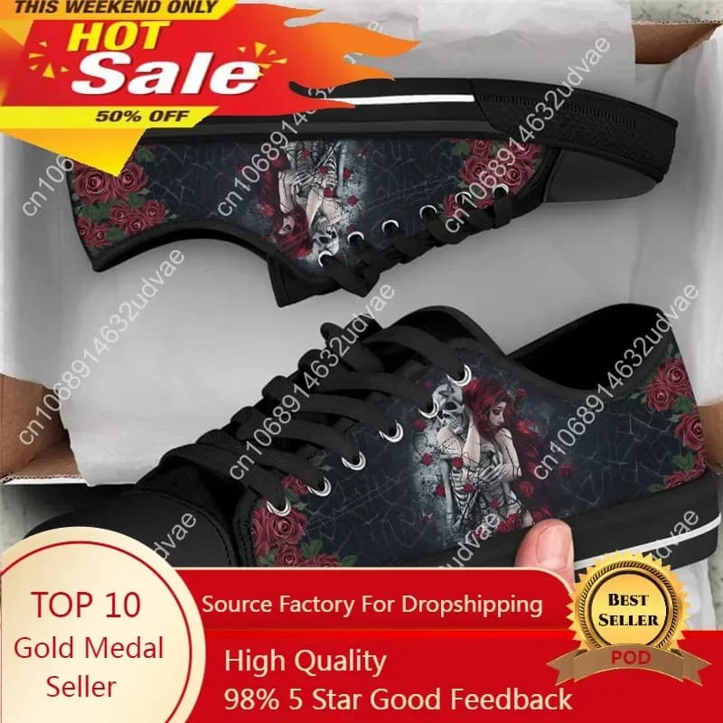 Sneakers da donna con design gotico con teschio d'amore Scarpe da ginnastica casual con lacci rosa rossa Scarpe basse comode nere da donna