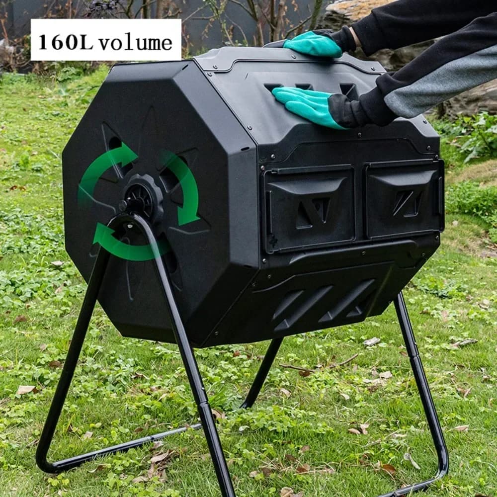Contenitore per compost rotante per rifiuti alimentari da cucina da giardino da 160 litri. Bicchiere per compost con fertilizzante in plastica di grandi dimensioni per esterni