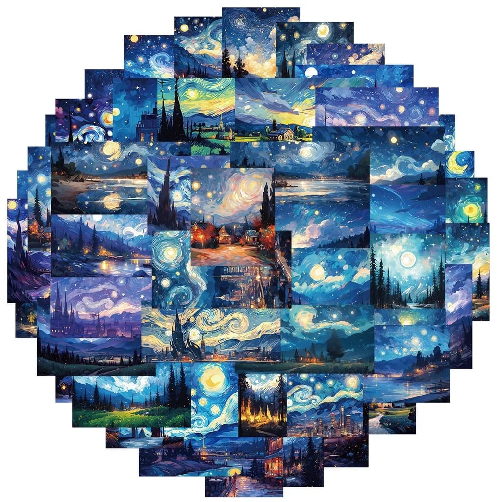 50 pezzi di cartoni animati Van Gogh la notte stellata pittura a olio adesivi graffiti impermeabili per decalcomanie per astucci da bicicletta per casco
