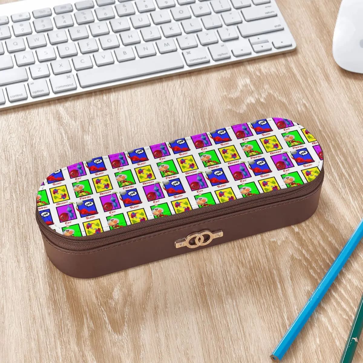 Eat Sleep Pikmin Repeat Leather Pencil Cases Pen Holder Storage Stationery Supplies Pen Box Pencil Bag for Students Gifts