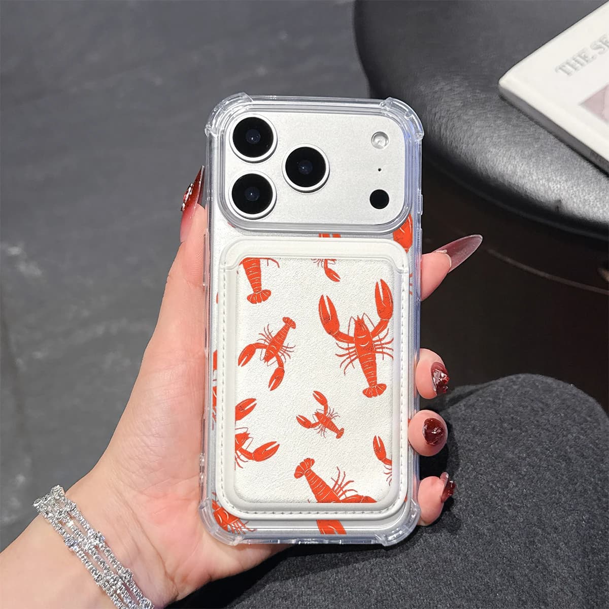 Custodia per telefono Retro Lobster per iPhone 17 16 15 14 13 Pro Max Plus con tasca portafoglio, trasparente in morbido TPU, compatibile con custodie magnetiche