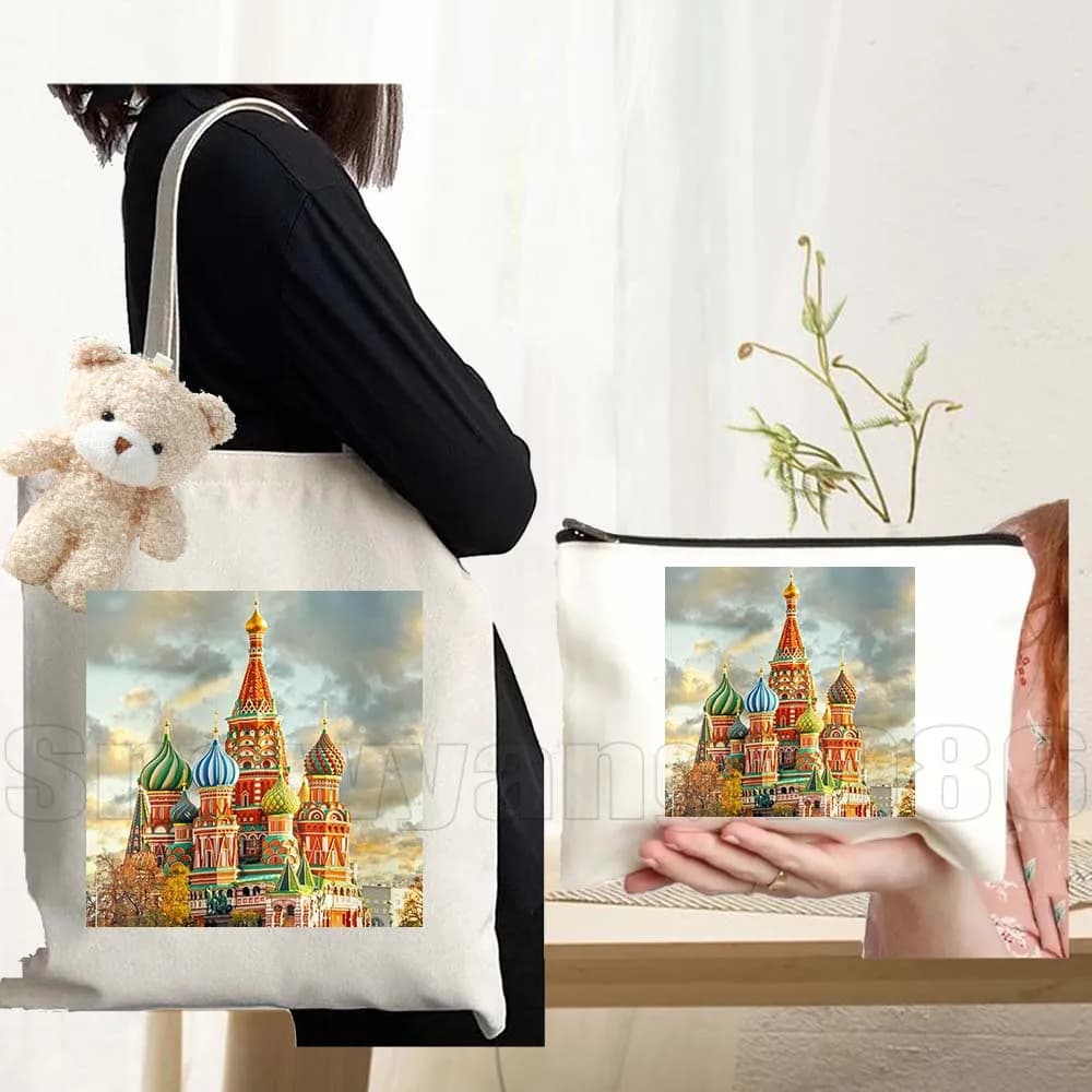 Set di 3 Borse a Tracolla in Tela con Bandiera e Mappa della Russia, Borsa Matrioshka, Cattedrale di Mosca, Borsa da Shopping Riutilizzabile per Donne