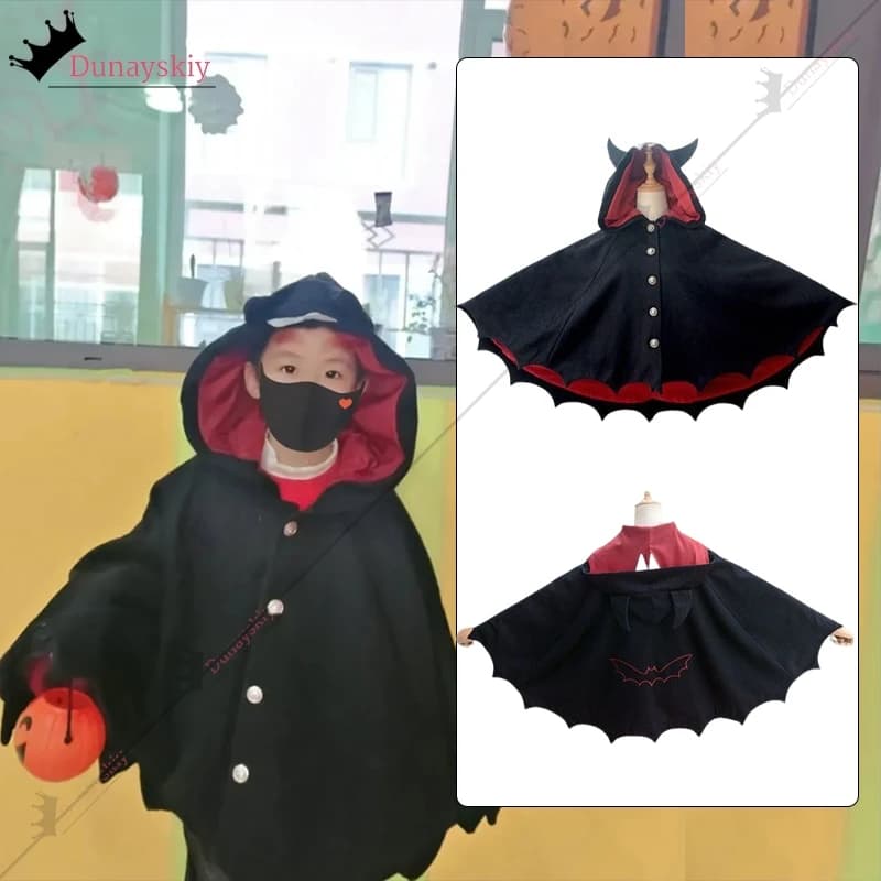 Halloween Cospaly Punk gotico Diavolo nero Ala di pipistrello Costume da demone Poncho peloso Felpa con cappuccio Mantello Cappotto Travestimento per bambino adulto Vestito